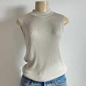 Vintage 90s Liz Claiborne Silk Ribbed Mock Neck Tank Oatmeal Beige Quiet Luxury‎